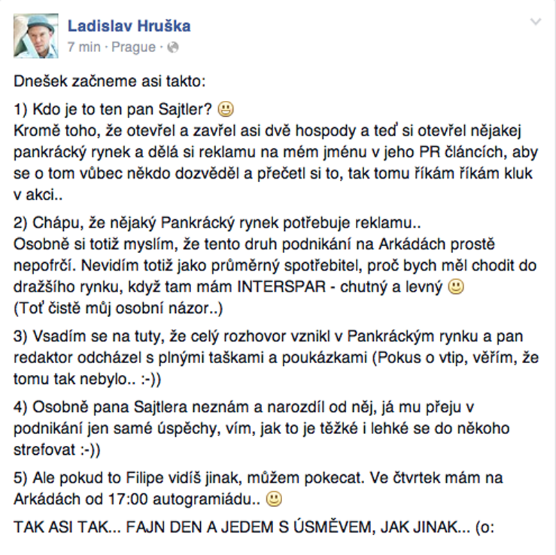 Hruška poslal Sajlerovi vzkaz prostřednictvím Facebooku.